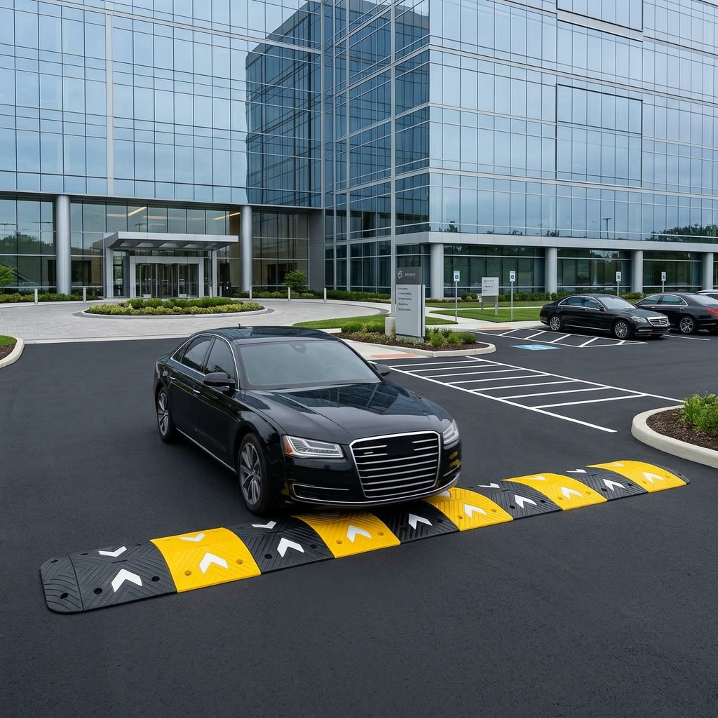 Rubber speed bump installed on asphalt at the parking entrance of a glass corporate office building