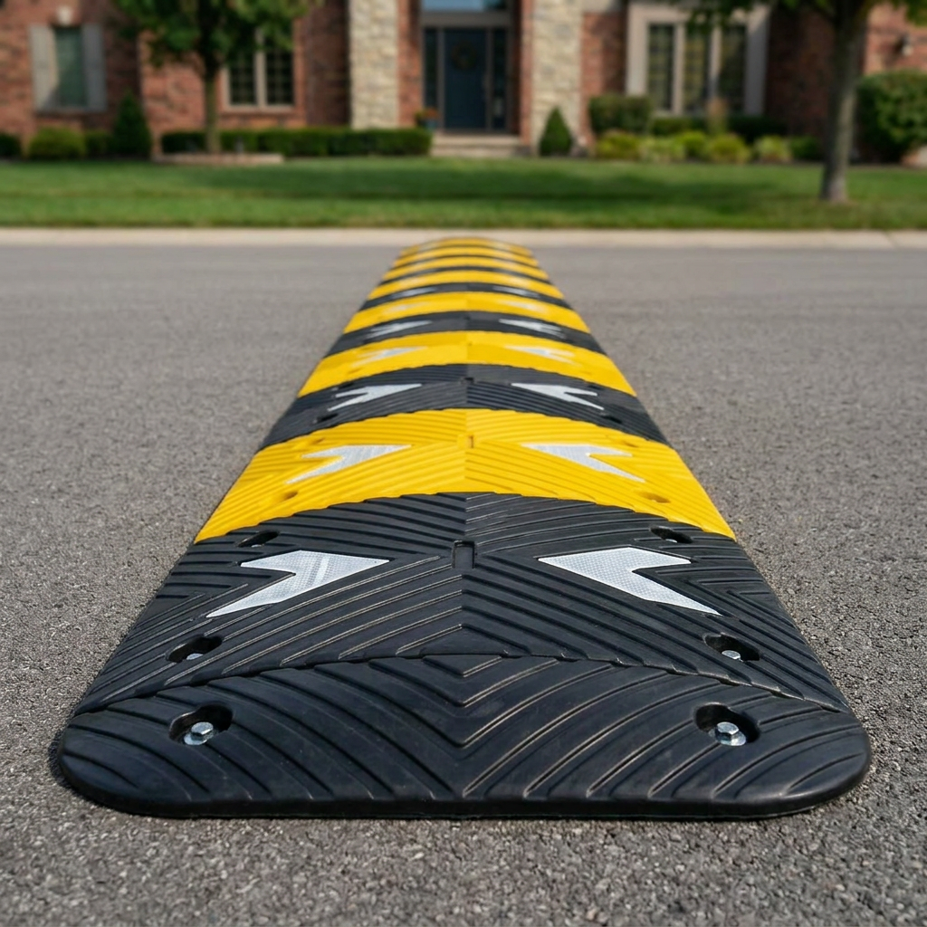 Close-up of a bolt-down rubber speed bump showing anchors, ribbed texture and reflective chevrons